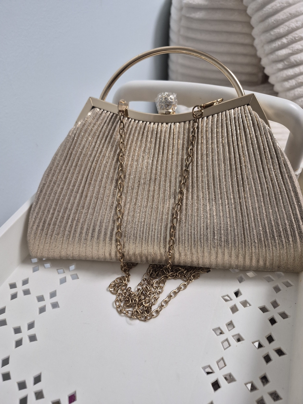 Metallic Gold Pleated Evening Clutch Bag with Rhinestone Clasp